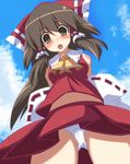  :o ascot bad_id bad_pixiv_id bare_shoulders bow brown_eyes brown_hair day detached_sleeves from_below hair_bow hair_tubes hakurei_reimu highres long_hair naotaka navel open_mouth panties pantyshot skirt sky solo touhou underwear upskirt white_panties wide-eyed 