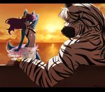  anthro canine equine girly hi_res kubikitsune male mammal ocean razakwolf sea stripes_(character) sunset swimsuit trap watch water wolf zebra 