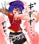  blue_hair blush breasts expressive_clothes fang grey_eyes hands_on_shoulders hat looking_back medium_breasts midriff miyako_yoshika navel ofuda open_mouth outstretched_arms roki_(hirokix) short_hair side_slit skirt smile star touhou translated zombie_pose 