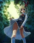  blonde_hair brown_eyes forest from_below kabaji kneehighs light_smile looking_down nature no_panties oil_painting_(medium) open_mouth rumia short_hair skirt skirt_lift solo touhou traditional_media tree white_legwear 