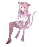 akemi_homura animal_ears cat_ears cat_tail headband konatsu_miyu long_hair magical_girl mahou_shoujo_madoka_magica miniskirt pantyhose ribbon sitting skirt solo tail 