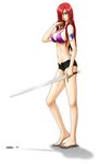  absurdres barefoot bikini brown_eyes earrings erza_scarlet fairy_tail hair_over_one_eye highres jewelry long_hair mechr red_hair shorts smile solo swimsuit sword tattoo unzipped weapon wet 
