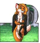  1995 blonde_hair breasts canine covering_self female fox grass green_eyes hair long_blonde_hair long_hair open_shirt orange solo standing tail unknown_artist 