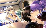  2girls absurdres blonde_hair blue_eyes blush boku_to_kanojo_ni_furu_yoru clock closed_eyes couch covering_mouth double_bun hairband hetero highres kiss maid misaki_kurehito multiple_girls nunnally_(boku_to_kanojo_ni_furu_yoru) purple_hair sugamu_naito surprised yorumirumi_stolenberg 