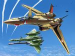  aircraft airplane armor canards cannon cloud condensation_trail day energy_cannon fleet flying gunpod helmet insignia inui_(jt1116) isamu_dyson jet macross macross_frontier macross_galaxy macross_plus mecha n.u.n.s. pilot_suit roundel science_fiction spacesuit u.n._spacy variable_fighter vf-27 yf-19 