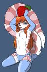  accelo accelo_(character) collar colored_background crossdressing fancy_hat feline fruit fursona glasses panties side-tie_panties snow_leopard solo stockings strawberry underwear 