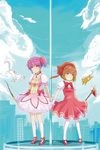  absurdres bow_(weapon) brown_eyes brown_hair bubble_skirt cardcaptor_sakura cityscape crossover dress fuuin_no_tsue gloves green_eyes hat highres holding_hands kaname_madoka kero kinomoto_sakura kyubey magical_girl mahou_shoujo_madoka_magica matsumoto_ryou multiple_girls pink_hair pink_hat red_eyes shoes short_hair short_twintails skirt thighhighs twintails wand weapon white_gloves wings 