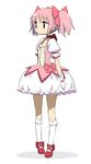  bow bubble_skirt chan_co choker dress full_body gloves hair_bow hair_ribbon kaname_madoka kneehighs magical_girl mahou_shoujo_madoka_magica pink_eyes pink_hair puffy_sleeves red_choker ribbon shoes short_hair short_twintails simple_background skirt socks solo standing twintails white_gloves 