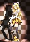  blonde_hair blue_eyes blue_hairband blush boots cecilia_alcott checkered checkered_background checkered_floor cosplay diesel-turbo drill_hair hairband hat infinite_stratos long_hair magical_girl mahou_shoujo_madoka_magica season_connection shadow solo spotlight striped striped_legwear thighhighs tomoe_mami tomoe_mami_(cosplay) zettai_ryouiki 