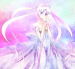  back_bow bishoujo_senshi_sailor_moon blue_eyes bow crescent double_bun dress earrings gown huge_bow jewelry long_hair looking_at_viewer princess princess_serenity ribbon smile solo sparkle strapless strapless_dress torao_(torakmn) tsukino_usagi wand white_hair 