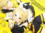  1girl arm_warmers banana banana_peel blonde_hair blue_eyes brother_and_sister eating food fruit fumiko_(throughx2) hair_ornament hair_ribbon hairclip headphones holding holding_food holding_fruit kagamine_len kagamine_rin lying ribbon short_hair shorts siblings twins vocaloid 