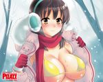  action_pizazz bikini_top black_hair breasts coat earmuffs large_breasts pon_takahanada scarf snow solo wallpaper winter yellow_eyes 