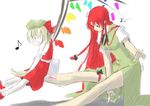  bad_id bad_pixiv_id balancing barefoot blonde_hair blue_eyes braid flandre_scarlet hat hong_meiling long_hair multiple_girls niwatazumi red_eyes red_hair short_hair sketch touhou translated twin_braids wings 