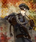  aiguillette axis_powers_hetalia belt gloves hat highres male_focus medal military military_uniform nazi peaked_cap prussia_(hetalia) red_eyes sam_browne_belt sannya solo uniform whip white_hair 