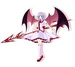  bat_wings brooch dress gmot highres jewelry kneehighs lavender_hair no_hat no_headwear older pink_legwear polearm red_eyes remilia_scarlet short_hair slit_pupils solo spear spear_the_gungnir touhou weapon wings 