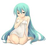  aqua_eyes aqua_hair arm_support bare_shoulders barefoot blush frown full_body hair_down hatsune_miku kneeling long_hair naked_towel reki_(arequa) simple_background solo towel very_long_hair vocaloid wavy_mouth white_background 