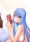  bed blue_hair breasts gift hat hat_removed headwear_removed heart highres holding holding_gift kamishirasawa_keine large_breasts long_hair lying nude on_stomach pillow red_eyes sideboob solo touhou tsugaru_(co-walker) upper_body 
