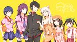  5girls animal_ears araragi_koyomi bad_id bad_pixiv_id bakemonogatari bike_shorts black_eyes black_hair black_hanekawa black_legwear blue_eyes blue_hair breasts cabbie_hat cat_ears hachikuji_mayoi hair_over_one_eye hair_ribbon hand_in_pocket hanekawa_tsubasa hat jacket_on_shoulders juliet_sleeves kanbaru_suruga kurosawa_kazuto long_hair long_sleeves medium_breasts monogatari_(series) multiple_girls navel nekomonogatari open_mouth orange_eyes oshino_meme oshino_shinobu pajamas puffy_sleeves purple_hair red_eyes ribbon school_uniform sengoku_nadeko senjougahara_hitagi short_hair small_breasts thighhighs twintails white_hair yellow_eyes 