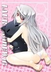  ass barefoot doll doll_hug eyepatch feet infinite_stratos laura_bodewig long_hair mutsuki_ginji panties red_eyes silver_hair solo stuffed_animal stuffed_toy underwear white_panties 