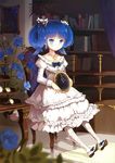  absurdres anmi blue_eyes blue_flower blue_hair blue_rose bookshelf chair clock copyright_request dress earrings floral_print flower frills glasses hair_rings highres jewelry necklace outstretched_leg pantyhose print_legwear rose sitting solo twintails white_dress white_legwear 