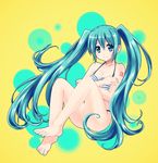  barefoot bikini detached_sleeves feet green_hair hatsune_miku kiryuu_aoko long_hair solo swimsuit toenail_polish twintails vocaloid 