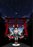  ascot bare_shoulders bobby_socks bow brown_eyes brown_hair bug butterfly detached_sleeves full_moon glowing hair_bow hair_tubes hakurei_reimu highres insect loafers mitsusaka_mitsumi moon open_hands open_mouth shoes short_hair sky smile socks solo standing star star_(sky) starry_sky torii touhou tree 