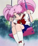  :&lt; bishoujo_senshi_sailor_moon cap chibi_usa child footwear pink_hair red_eyes sad school_uniform screencap shoes socks swing twintails 