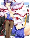  blue_hair friends frills hand_on_another's_cheek hand_on_another's_face hat highres hinanawi_tenshi lap_pillow legs long_hair multiple_girls nagae_iku pantyhose petting purple_hair red_eyes short_hair sitting sword sword_of_hisou touhou umakatsuhai weapon 