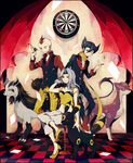  black_hair checkered checkered_floor coin crossed_legs dartboard darts elite_four formal gen_2_pokemon gen_3_pokemon gen_5_pokemon giima_(pokemon) grin hand_in_hair high_heels highres kagetsu_(pokemon) karin_(pokemon) liepard long_hair mightyena multiple_boys one_eye_closed pokemon pokemon_(creature) pokemon_(game) pokemon_bw pokemon_gsc pokemon_rse scarf shoes short_hair silver_hair sitting smile standing stool suit umbreon yuuichi_(bobobo) 