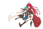  bad_id bad_pixiv_id bare_shoulders blue_hair boots cape closed_eyes ftk hug magical_girl mahou_shoujo_madoka_magica miki_sayaka multiple_girls red_hair sakura_kyouko simple_background smile thighhighs 