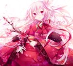  bell bell_collar bow branch bug butterfly cherry_blossoms choker collar fang feather_boa floral_print flower ibara_riato insect japanese_clothes kimono long_hair obi open_mouth original petals pink_hair purple_eyes ribbon_choker sash smile solo 