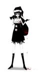  1girl bag blood blood_on_face breasts christmas cleavage female gloves grin hat highres monochrome reverse_claus samael_(5211) samael_2 santa_costume santa_hat simple_background smile solo spot_color 