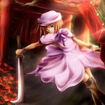  1girl beret black_thighhighs blue_eyes boots bow commentary_request dress flower hashitsuki_nata hat highres higurashi_no_naku_koro_ni holding holding_sword holding_weapon multiple_torii nata_(tool) orange_hair red_flower rikkunia rope ryuuguu_rena shimenawa solo spider_lily sword thighhighs torii weapon 