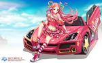  belt bikini_top bow bracelet car cloud day ground_vehicle hair_bow high_heels highres jewelry lee_byung_hee long_hair lucia_(pangya) midriff motor_vehicle navel on_vehicle pangya pink_eyes pink_hair ribbon scissor_doors see-through shadow shoes sitting skirt sky sneakers socks solo source_request striped tank_top wallpaper 