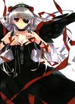  absurdres angel angel_wings black_wings breasts cleavage copyright_request corset dress eyepatch finger_frame fingernails flower hairband highres long_hair medium_breasts misaki_kurehito nail_polish ribbon silver_hair simple_background solo very_long_hair wings wristband 