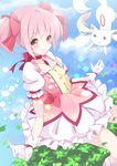  bow choker dress gloves hair_bow kaname_madoka kujou_ichiso kyubey looking_at_viewer mahou_shoujo_madoka_magica md5_mismatch outstretched_arms pink_eyes pink_hair promotions puffy_sleeves red_choker short_hair short_twintails smile spread_arms twintails 