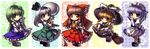  ahoge apron ascot blonde_hair blue_eyes bow braid broom broom_riding brown_eyes brown_hair chibi detached_sleeves dress frog ghost gohei green_eyes green_hair hair_bow hair_ornament hair_ribbon hair_tubes hairband hakurei_reimu hat hitodama izayoi_sakuya katana kirisame_marisa kochiya_sanae konpaku_youmu konpaku_youmu_(ghost) long_hair maid maid_headdress multiple_girls ofuda purple_hair ribbon sheath sheathed shoes sidesaddle silver_hair sitting snake sword touhou umigarasu_(kitsune1963) weapon yellow_eyes 