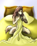  bed canine female floppy_ears foxywolf half_covered kneeling pinup sheets solo 