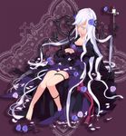  bad_id bad_pixiv_id blue_flower blue_rose candle cherry_blossoms dress flower highres manyako_(mohumohu) original plant purple_dress rose silver_eyes silver_hair sitting solo vines 