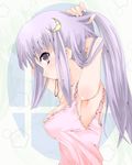  absurdres adjusting_hair armpits bad_id bad_pixiv_id breasts camisole crescent crescent_hair_ornament error hair_ornament hair_tie highres large_breasts long_hair mouth_hold pachecomcom patchouli_knowledge purple_eyes purple_hair solo touhou upper_body zoom_layer 