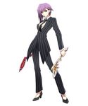  5pb. between_breasts breasts business_suit cleavage_cutout dual_wielding earrings heels high_heels jewelry knife necktie official_art phantom_breaker purple_eyes purple_hair ria_(phantom_breaker) shoes standing suzuhira_hiro weapon 