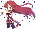  alternate_hairstyle hair_down kanibasami kneeling long_hair mahou_shoujo_madoka_magica praying red_eyes red_hair sakura_kyouko solo soul_gem thighhighs 