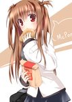  bag blush borrowed_character brown_hair coat eating food kue long_hair looking_at_viewer mcdonald's original paper_bag product_placement red_eyes sandwich skirt solo tororo_inniina twintails 