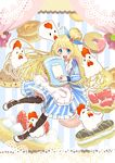  absurdres alice_(wonderland) alice_in_wonderland bird blonde_hair blue_eyes blush bow chicken dress galibo hair_bow highres long_hair mary_janes pantyhose shoes solo 