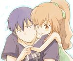  1girl aisaka_taiga alternate_hairstyle blue_hair brown_eyes brown_hair casual dress feeding fork hug long_hair ponytail shirotaka_(shirotaka) short_hair takasu_ryuuji toradora! 