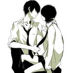  1girl bad_id bad_pixiv_id black_hair couple hair_over_eyes hetero kana_(kwbr) monochrome necktie necktie_grab neckwear_grab original short_hair simple_background sitting sitting_on_person skirt 