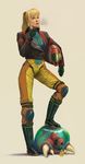  ;3 agentscarlet alien armor blonde_hair bodysuit boots cigar fangs gloves helmet highres jacket juice_box knee_pads leather leather_jacket lips long_hair md5_mismatch metroid metroid_(creature) multicolored multicolored_bodysuit multicolored_clothes orange_bodysuit ponytail realistic resized samus_aran science_fiction scrunchie smoke smoking solo_focus upscaled yellow_bodysuit 