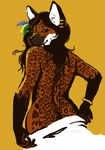  aheria back canine feathers feline female hybrid jaguar maned_wolf not_a_hyena one_eye_closed restricted_palette solo spotted turning vickletiggs wink 
