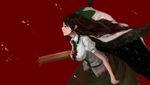  absurdres arm_cannon bad_id bad_pixiv_id black_hair bow breasts cape go-m hair_bow highres impossible_clothes impossible_shirt large_breasts long_hair red_eyes reiuji_utsuho shirt short_hair solo third_eye touhou weapon wings 