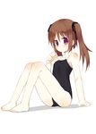  arm_support barefoot blush brown_hair child competition_school_swimsuit feet flat_chest full_body legs leotard long_hair meito_(maze) one-piece_swimsuit original purple_eyes sitting solo swimsuit twintails 